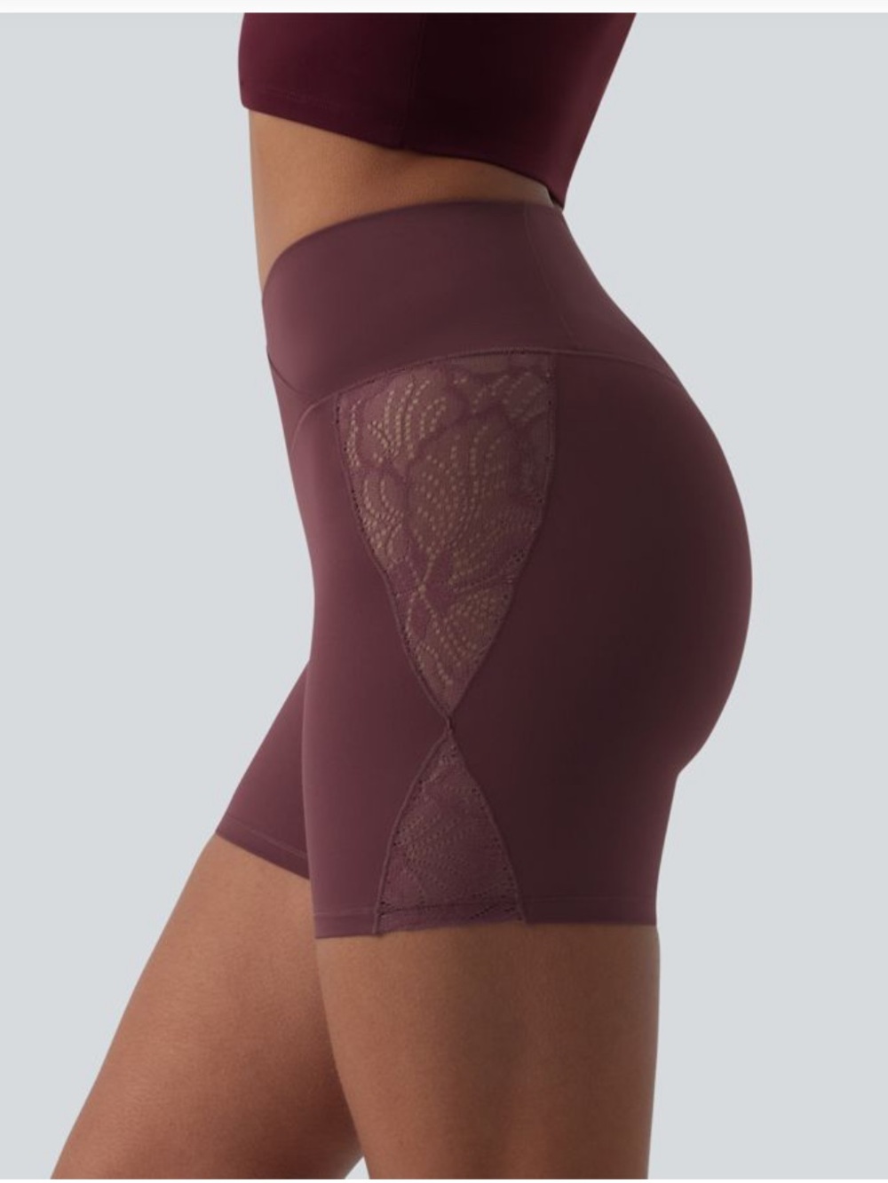 HALARA Women's High-Waist Lace-Panel Bike Shorts in Burgundy